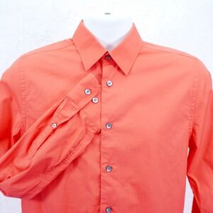Express 1MX Fitted -Small 14-14.5- Orange Pink Collared Dress Shirt Spandex Cott